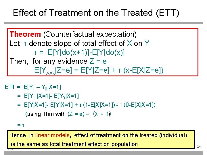 Effect of Treatment on the Treated (ETT) Theorem (Counterfactual expectation) Let τ denote slope