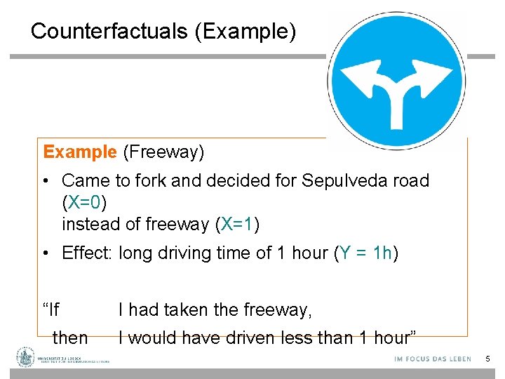 Counterfactuals (Example) Example (Freeway) • Came to fork and decided for Sepulveda road (X=0)