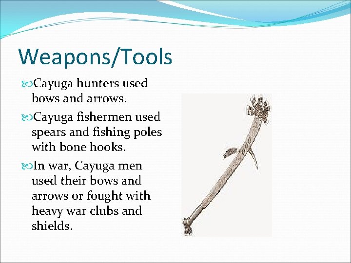 Weapons/Tools Cayuga hunters used bows and arrows. Cayuga fishermen used spears and fishing poles