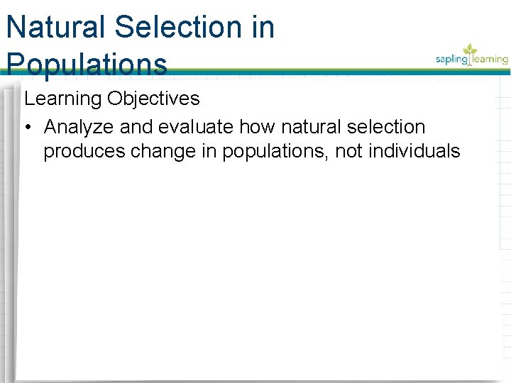 Natural Selection in Populations Learning Objectives • Analyze and evaluate how natural selection produces