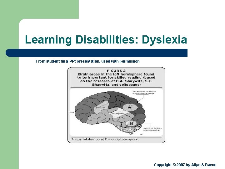 Learning Disabilities: Dyslexia From student final PPt presentation, used with permission Copyright © 2007