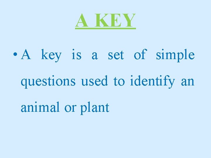 A KEY • A key is a set of simple questions used to identify