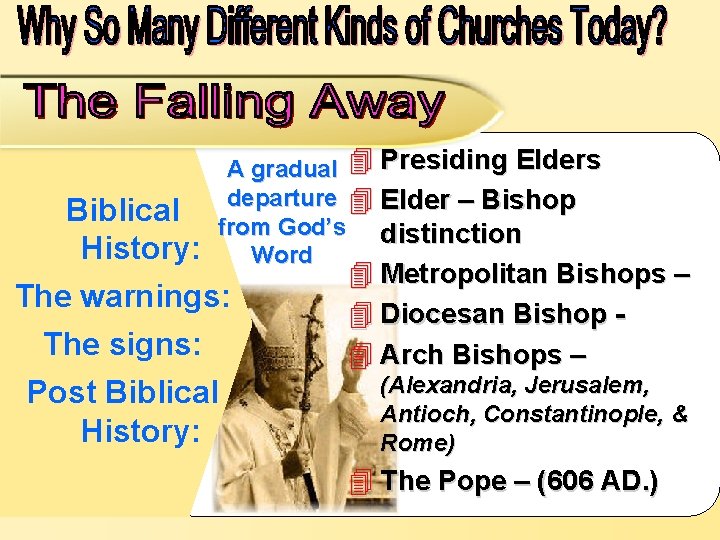 Biblical History: A gradual 4 Presiding Elders departure 4 Elder – Bishop from God’s