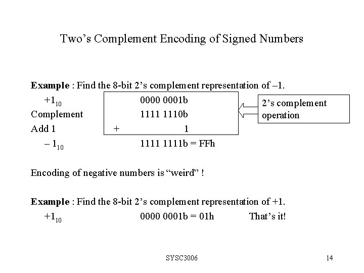 Two’s Complement Encoding of Signed Numbers Example : Find the 8 -bit 2’s complement