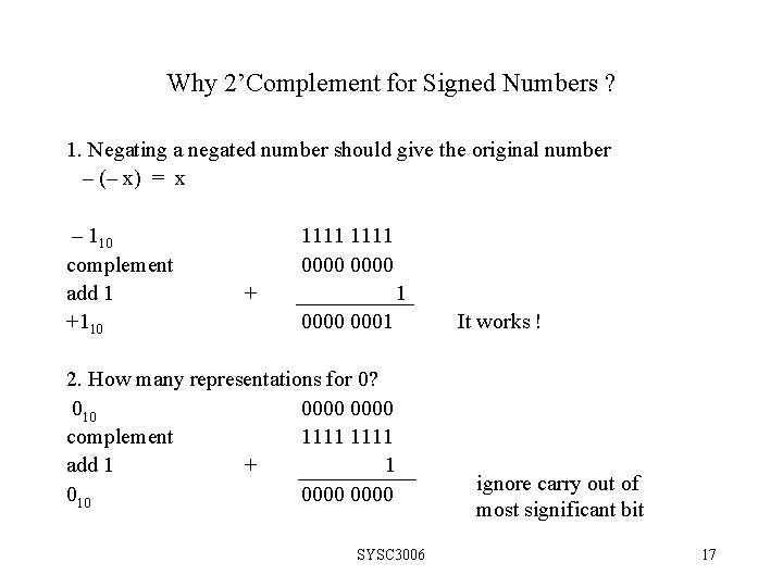Why 2’Complement for Signed Numbers ? 1. Negating a negated number should give the