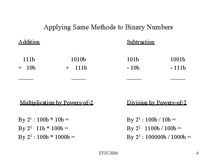 Applying Same Methods to Binary Numbers Addition 111 b + 10 b _____ Subtraction
