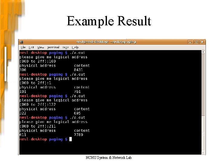 Example Result NCHU System & Network Lab 