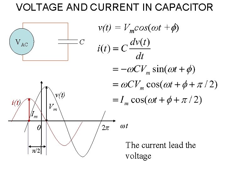 VOLTAGE AND CURRENT IN CAPACITOR v(t) = Vmcos(ωt + ) VAC C v(t) i(t)