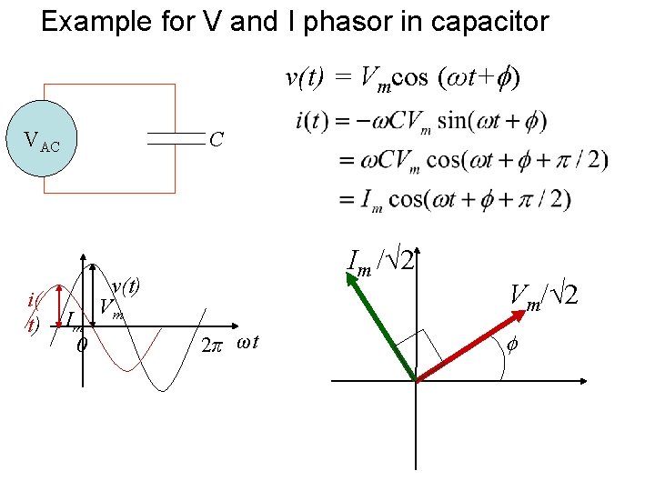 Example for V and I phasor in capacitor v(t) = Vmcos (ωt+ ) VAC