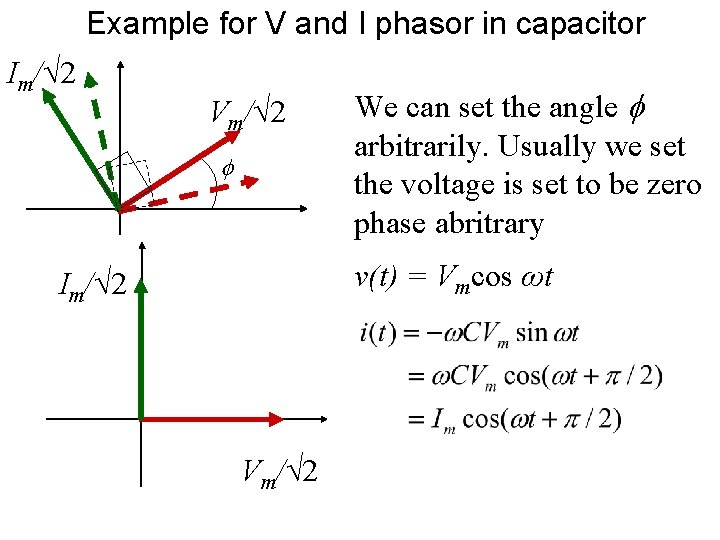 Example for V and I phasor in capacitor Im/√ 2 Vm/√ 2 We can