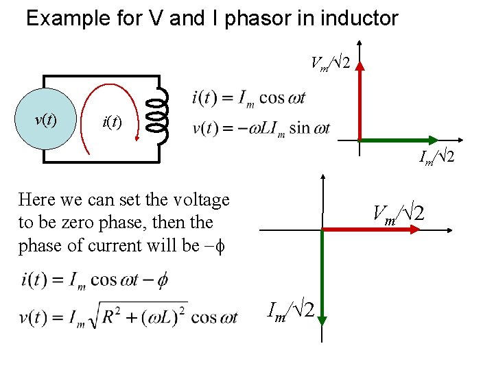 Example for V and I phasor in inductor Vm/√ 2 v(t) i(t) Im/√ 2