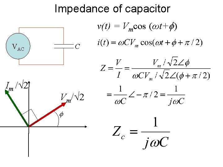 Impedance of capacitor v(t) = Vmcos (ωt+ ) VAC Im /√ 2 C Vm/√