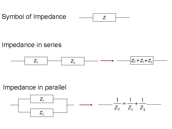 Symbol of Impedance Z Impedance in series Z 1 Z 2 Impedance in parallel