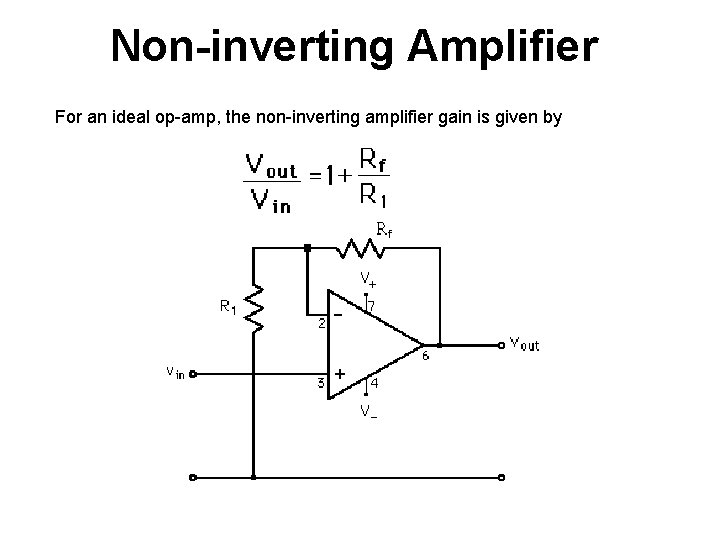 Non-inverting Amplifier For an ideal op-amp, the non-inverting amplifier gain is given by 