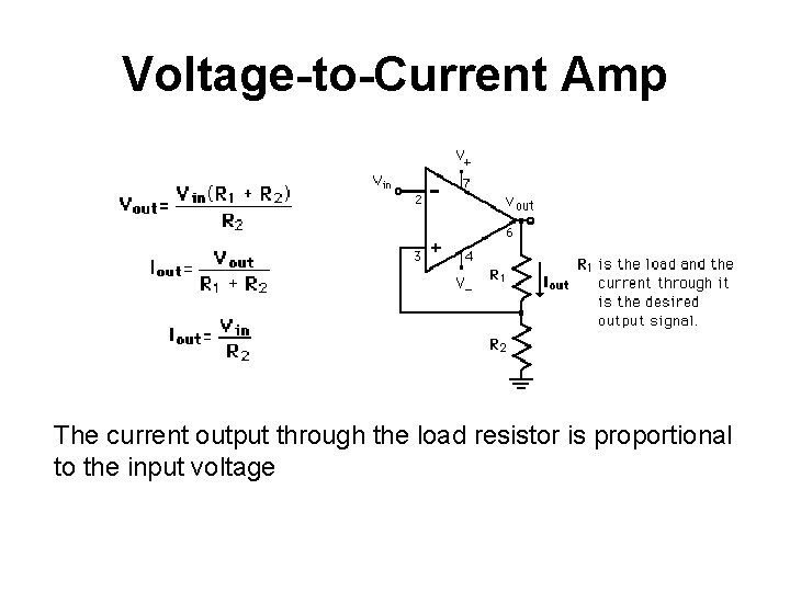 Voltage-to-Current Amp The current output through the load resistor is proportional to the input