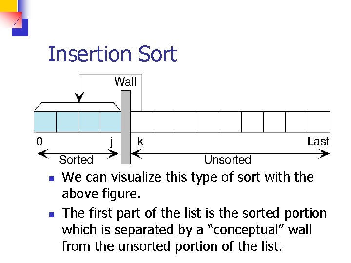 Insertion Sort n n We can visualize this type of sort with the above