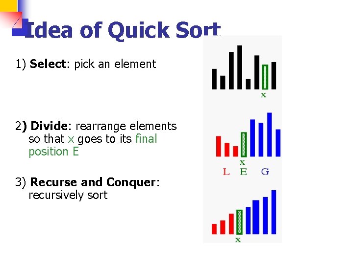 Idea of Quick Sort 1) Select: pick an element 2) Divide: rearrange elements so