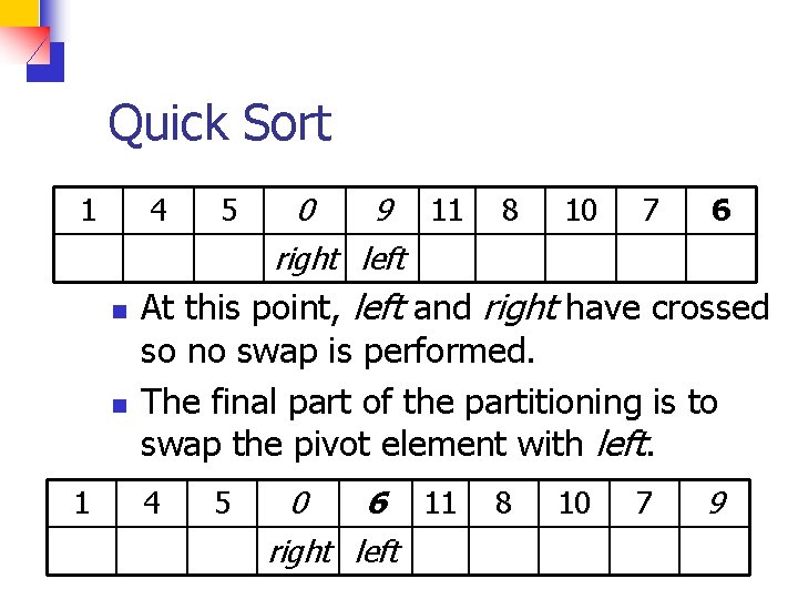 Quick Sort 1 4 n n 1 5 0 9 11 right left 8