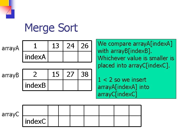 Merge Sort array. A 1 13 24 26 15 27 38 index. A array.