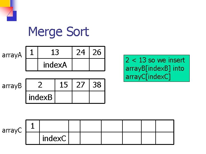 Merge Sort array. A 1 13 24 26 index. A 2 array. B 15