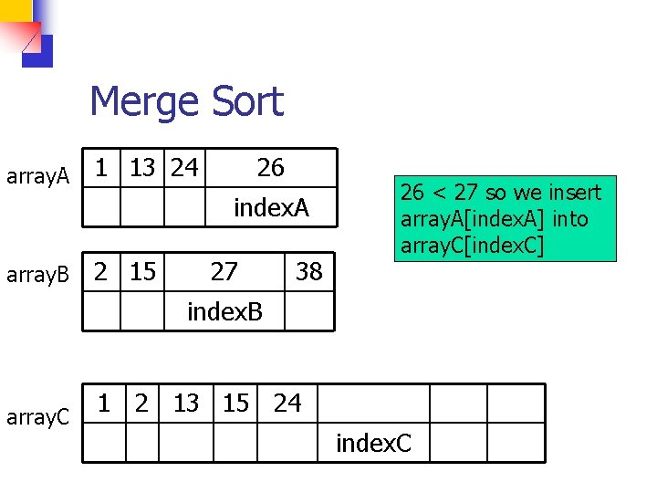 Merge Sort array. A 1 13 24 26 index. A array. B 2 15