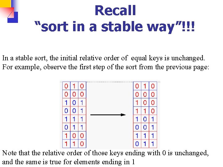 Recall “sort in a stable way”!!! In a stable sort, the initial relative order