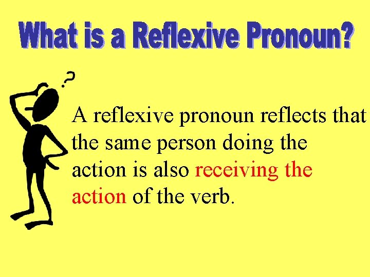 A reflexive pronoun reflects that the same person doing the action is also receiving A reflexive pronoun reflects that the same person doing the action is also receiving