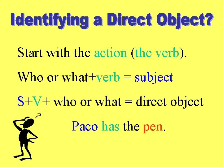 Start with the action (the verb). Who or what+verb = subject S+V+ who or