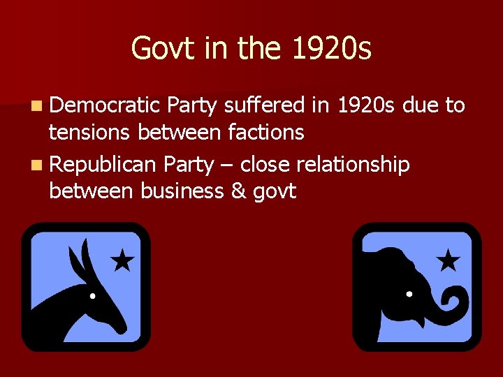 Govt in the 1920 s n Democratic Party suffered in 1920 s due to