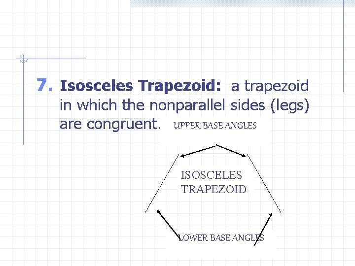 7. Isosceles Trapezoid: a trapezoid in which the nonparallel sides (legs) are congruent. UPPER