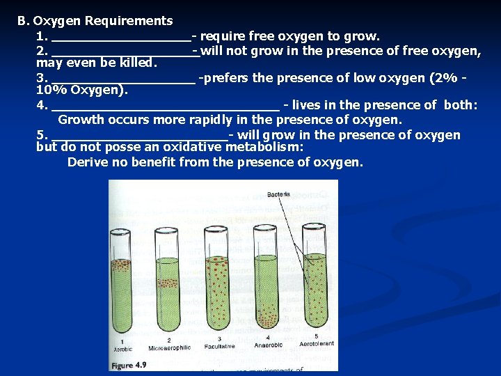 B. Oxygen Requirements 1. - require free oxygen to grow. 2. - will not