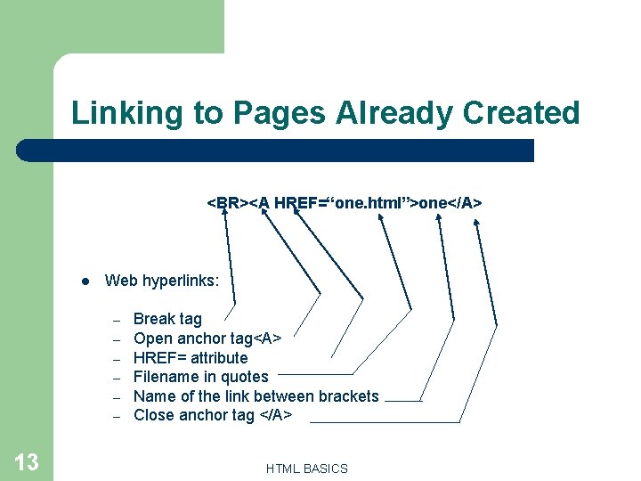Linking to Pages Already Created <BR><A HREF=“one. html”>one</A> l Web hyperlinks: – – – Linking to Pages Already Created <BR><A HREF=“one. html”>one</A> l Web hyperlinks: – – –