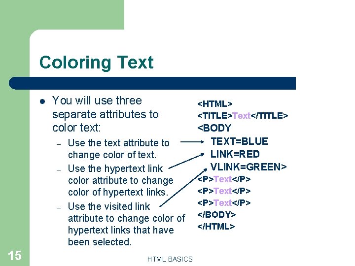 Coloring Text l You will use three separate attributes to color text: – – Coloring Text l You will use three separate attributes to color text: – –