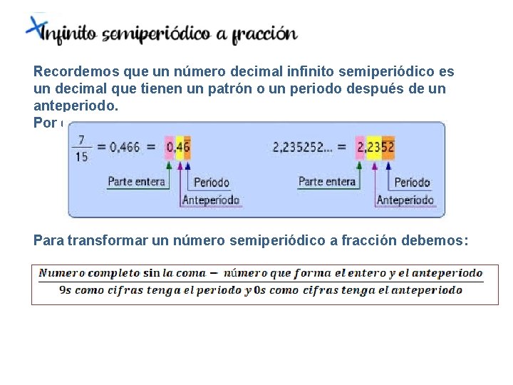 Recordemos que un número decimal infinito semiperiódico es un decimal que tienen un patrón