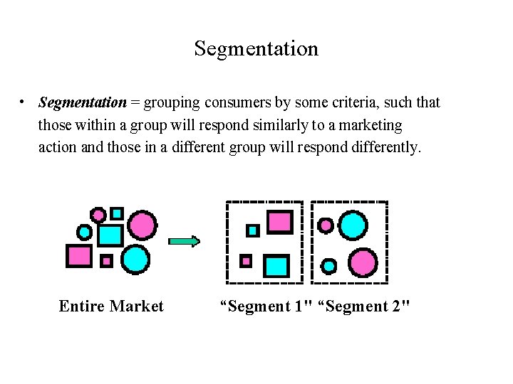Segmentation • Segmentation = grouping consumers by some criteria, such that those within a