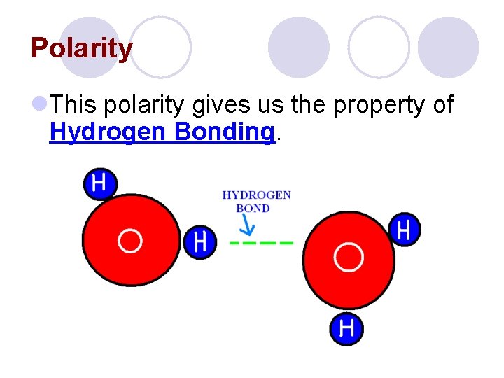 Polarity l. This polarity gives us the property of Hydrogen Bonding. 