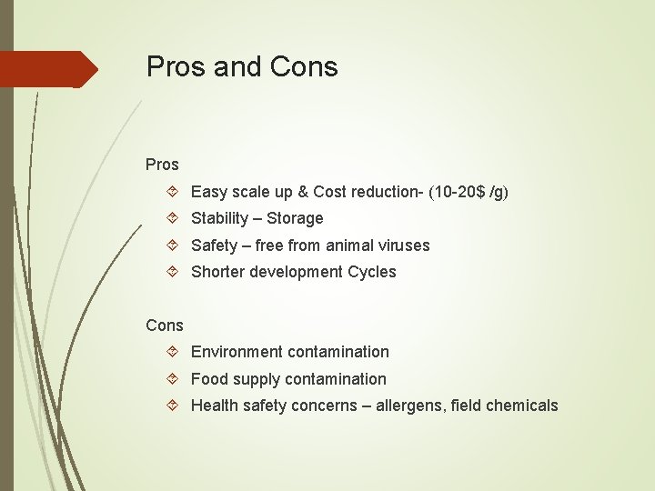 Pros and Cons Pros Easy scale up & Cost reduction- (10 -20$ /g) Stability