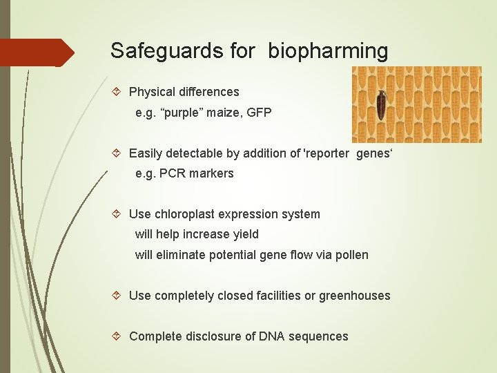 Safeguards for biopharming Physical differences e. g. “purple” maize, GFP Easily detectable by addition