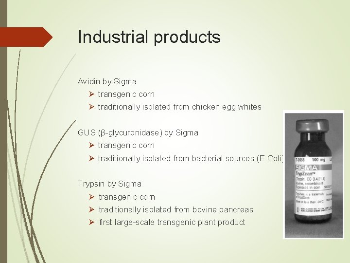 Industrial products Avidin by Sigma Ø transgenic corn Ø traditionally isolated from chicken egg