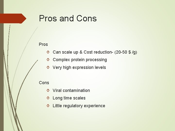 Pros and Cons Pros Can scale up & Cost reduction- (20 -50 $ /g)