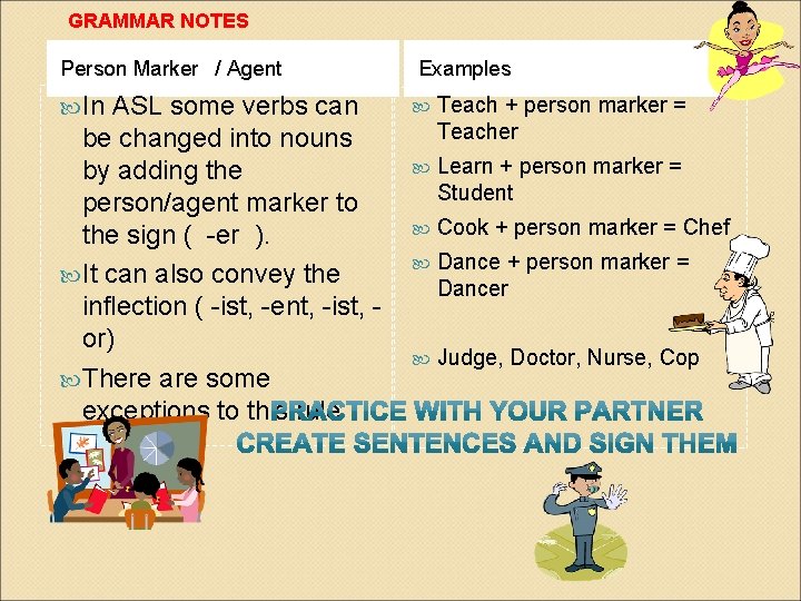 GRAMMAR NOTES Person Marker / Agent Examples In Teach + person marker = Teacher