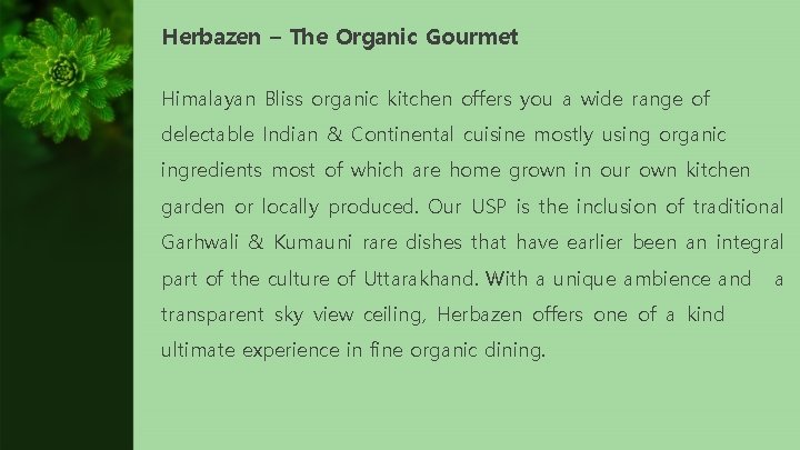 Herbazen – The Organic Gourmet Himalayan Bliss organic kitchen offers you a wide range