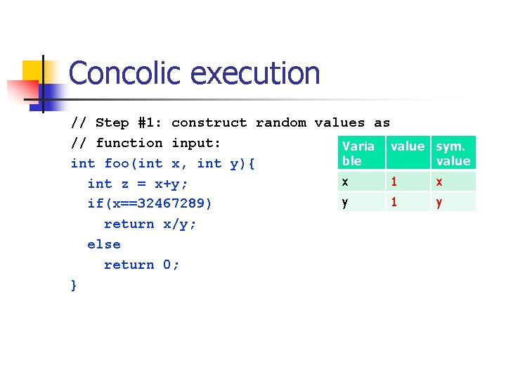 Concolic execution // Step #1: construct random values as // function input: Varia value