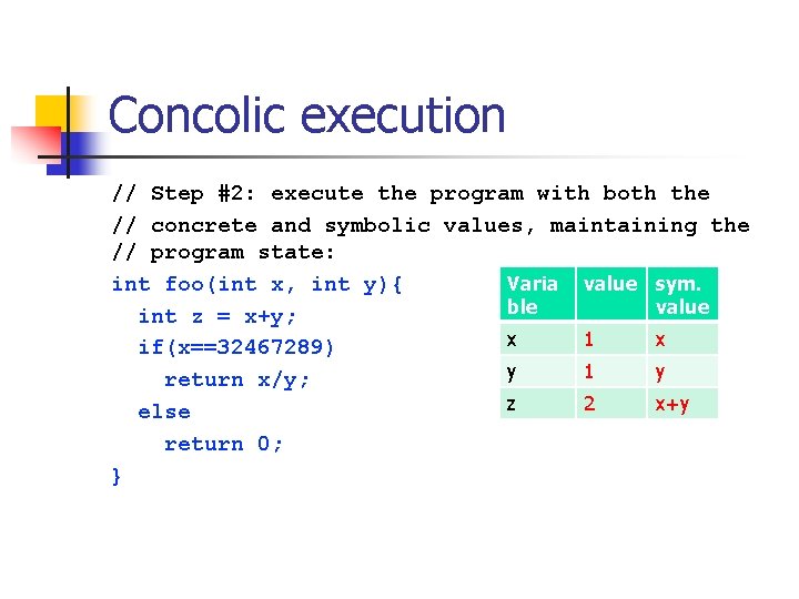 Concolic execution // Step #2: execute the program with both the // concrete and