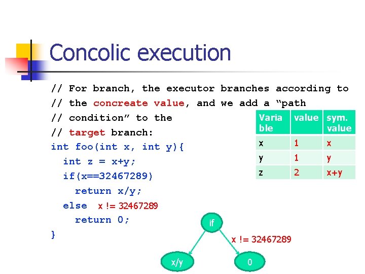 Concolic execution // For branch, the executor branches according to // the concreate value,