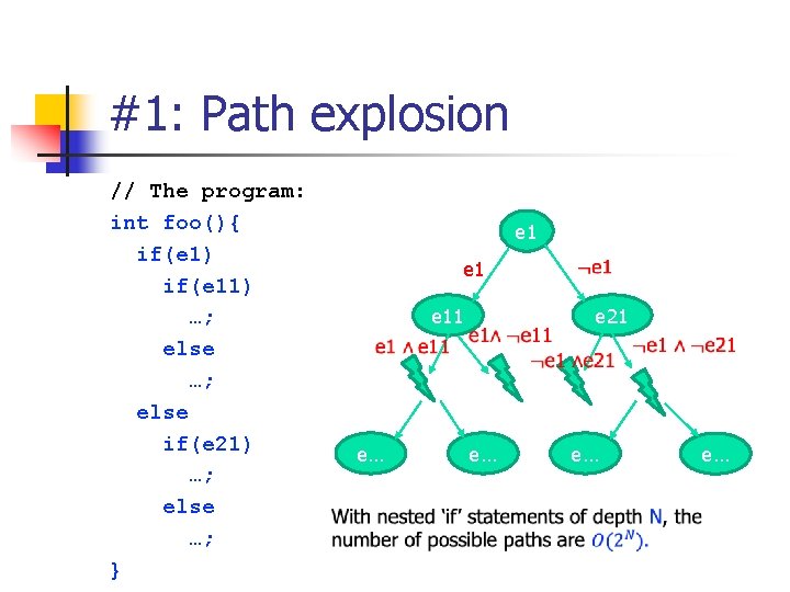 #1: Path explosion // The program: int foo(){ if(e 1) if(e 11) …; else