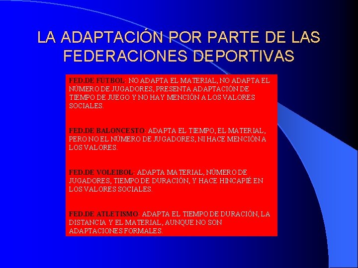 LA ADAPTACIÓN POR PARTE DE LAS FEDERACIONES DEPORTIVAS FED. DE FÚTBOL: NO ADAPTA EL
