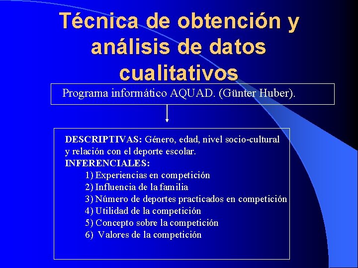 Técnica de obtención y análisis de datos cualitativos Programa informático AQUAD. (Günter Huber). DESCRIPTIVAS: