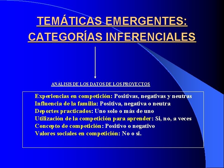 TEMÁTICAS EMERGENTES: CATEGORÍAS INFERENCIALES ANÁLISIS DE LOS DATOS DE LOS PROYECTOS Experiencias en competición: