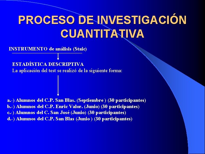 PROCESO DE INVESTIGACIÓN CUANTITATIVA INSTRUMENTO de análisis (Staic) ESTADÍSTICA DESCRIPTIVA La aplicación del test
